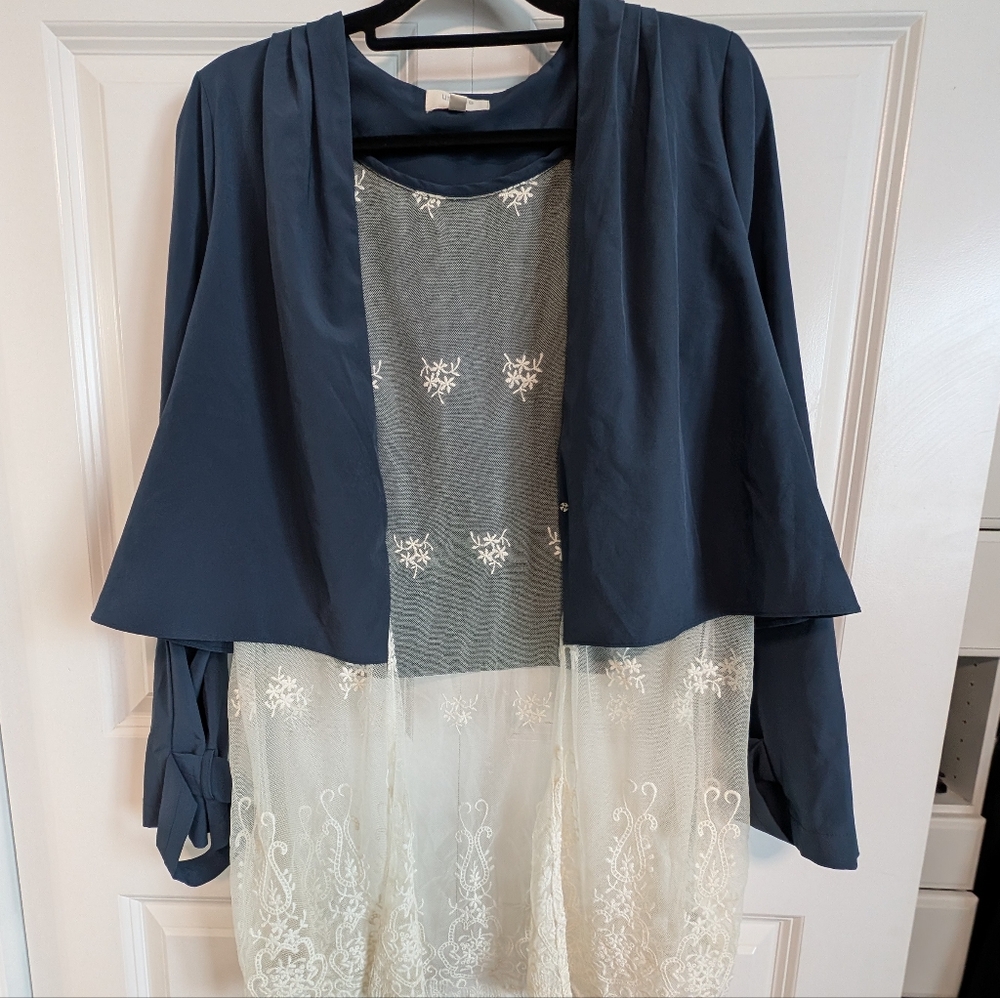 Crop Trench Bolero Navy Blue Jacket with Cream Lace Accent